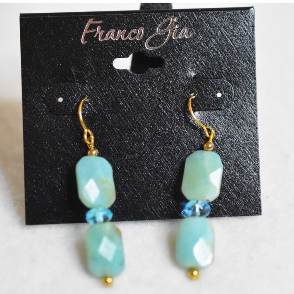 NIP Franco Gia Key Of Life Collection Lt.Blue Beaded Gold Tone Hook Earrings